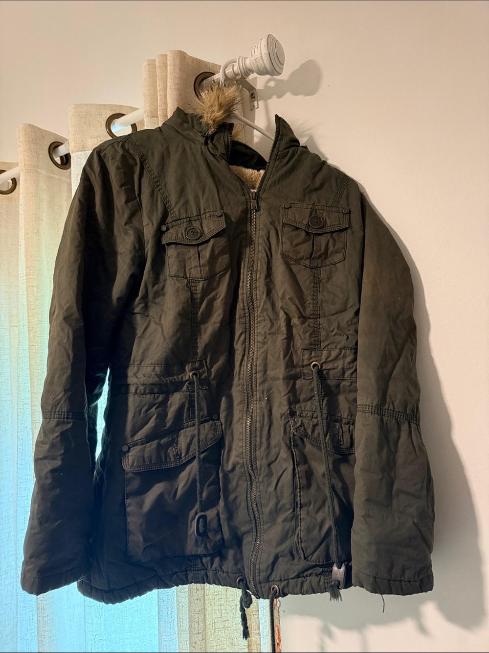 YMI Olive Green Military-Style Field Jacket with Faux-Fur Trim Hood